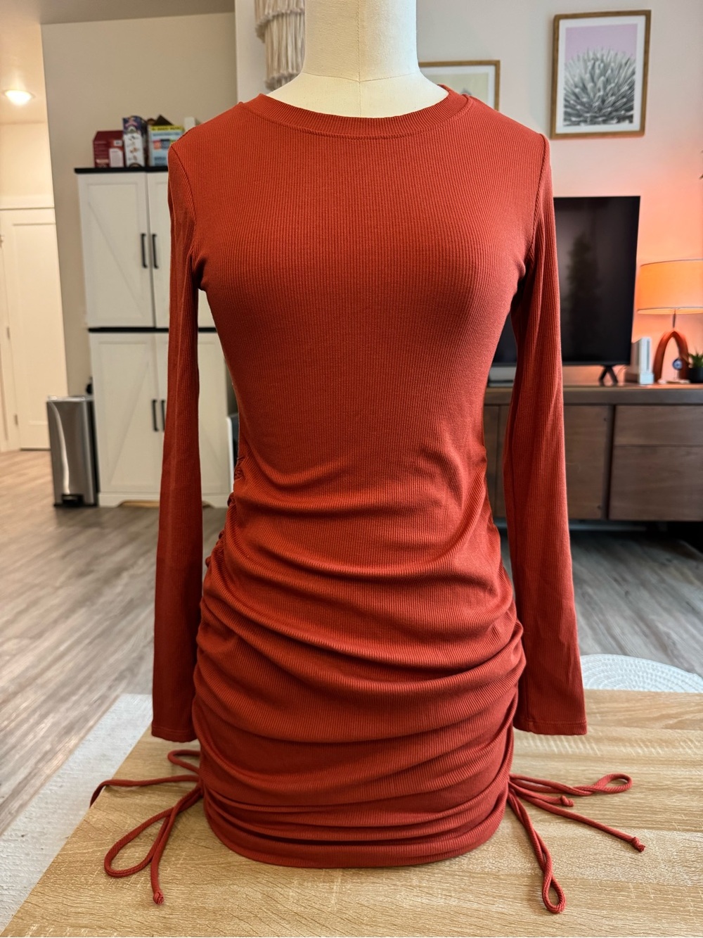 By Together Rust Ribbed Long-Sleeve Ruched Bodycon Dress